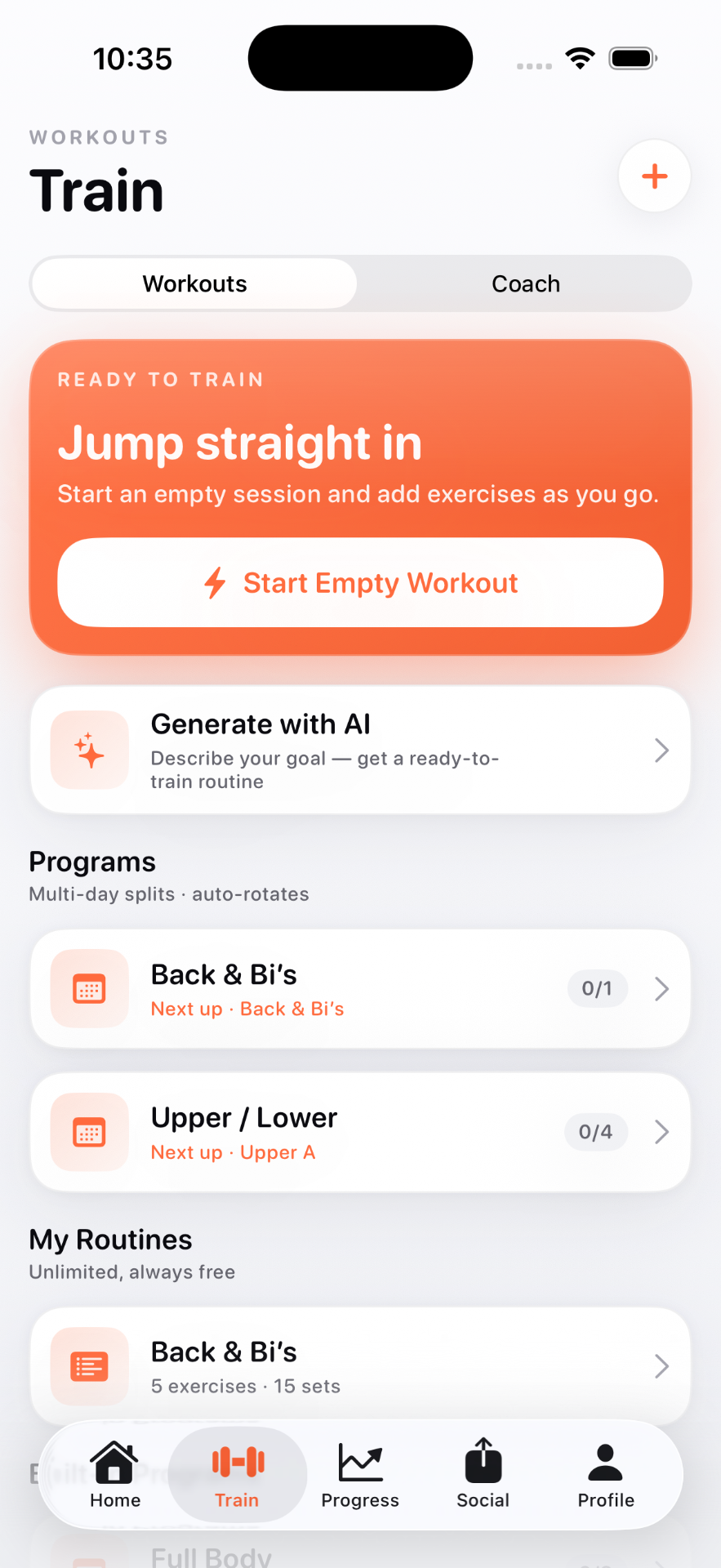 Du Fitness app — Train screen