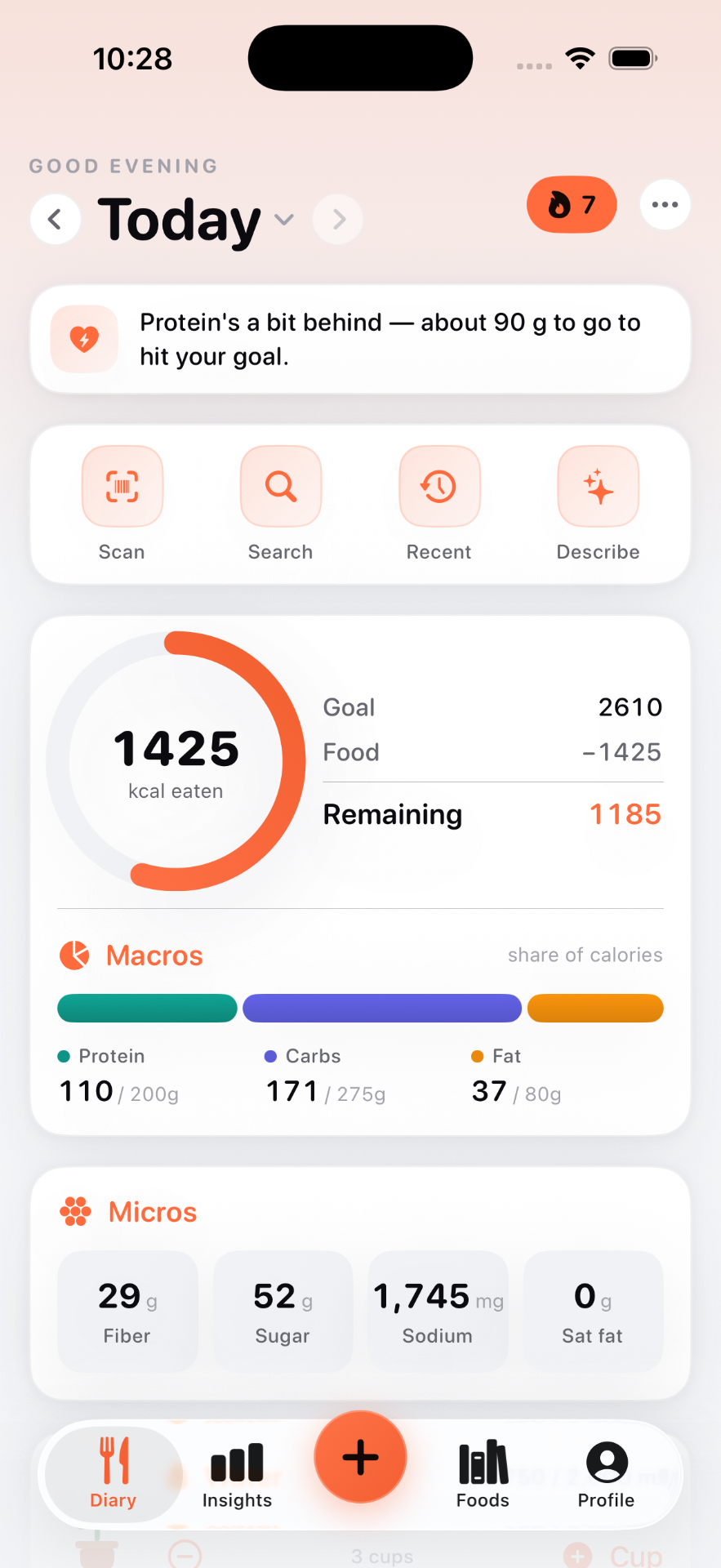 Du Nutrition app — Diary screen